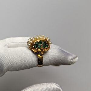 Vintage Style Faux Pearl Emerald Dome Cluster Adjustable Statement Cocktail Ring